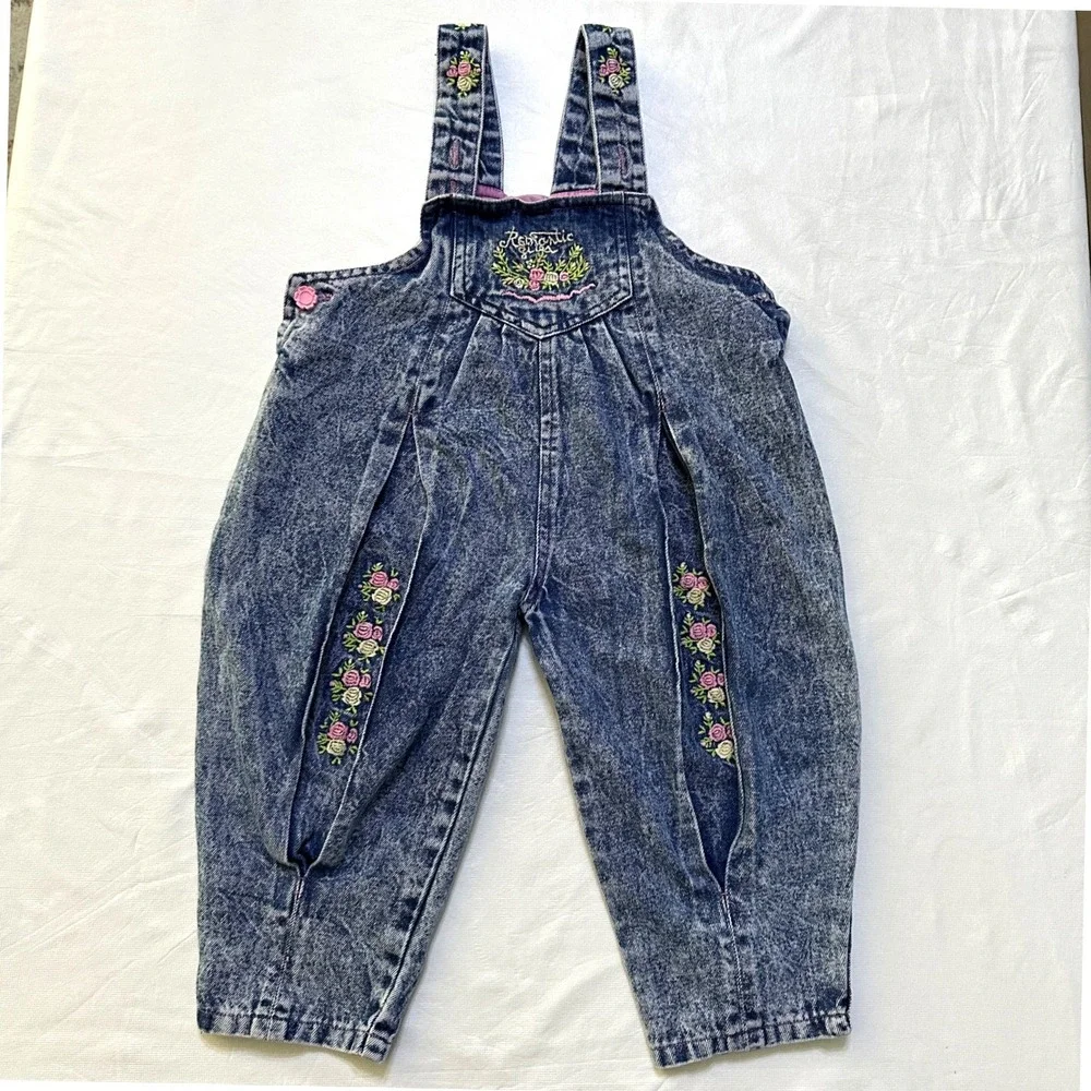 Vintage Rachels Kids Toddler Girls Bubble Jean Floral Overalls 3T Embroidered